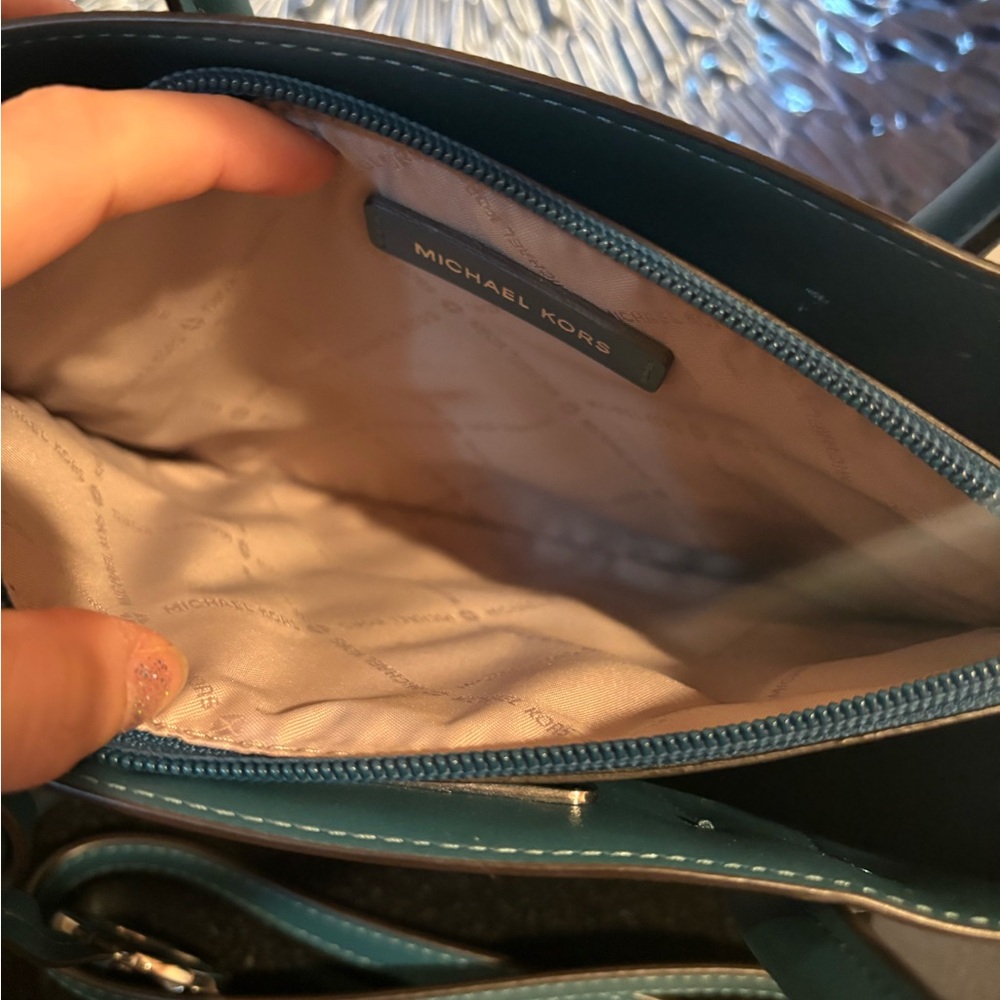 Michael Kors Brown and Teal Stripe Signature Satchel - Picture 5 of 5